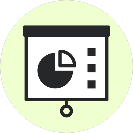 Icon of a presentation screen showing a pie chart and three bullet points on a light green circular background.