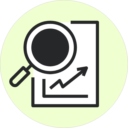 A magnifying glass over a document with an upward trending graph, on a light green circular background.