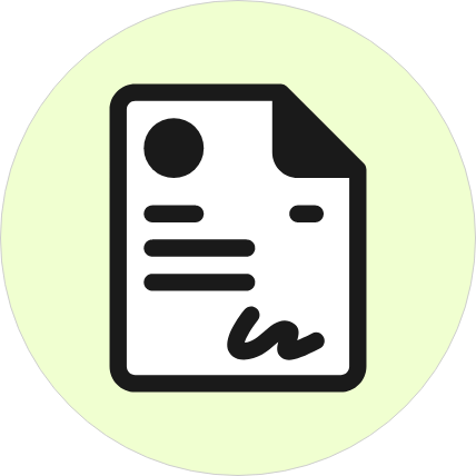Icon of a document with text lines and a signature, on a light green circular background.
