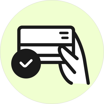 Icon of a hand holding a credit card with a check mark, indicating successful payment or verification.