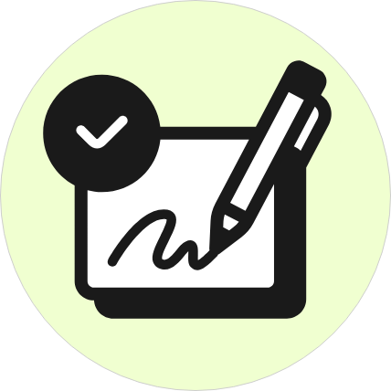 Icon of a pen signing a paper with a checkmark, symbolizing approval or completed signature.