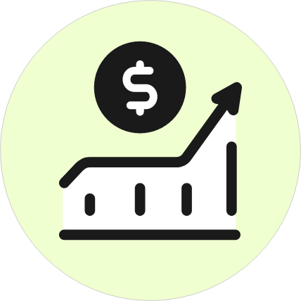 Black graph with upward arrow and dollar sign, representing financial growth, on a light green circular background.