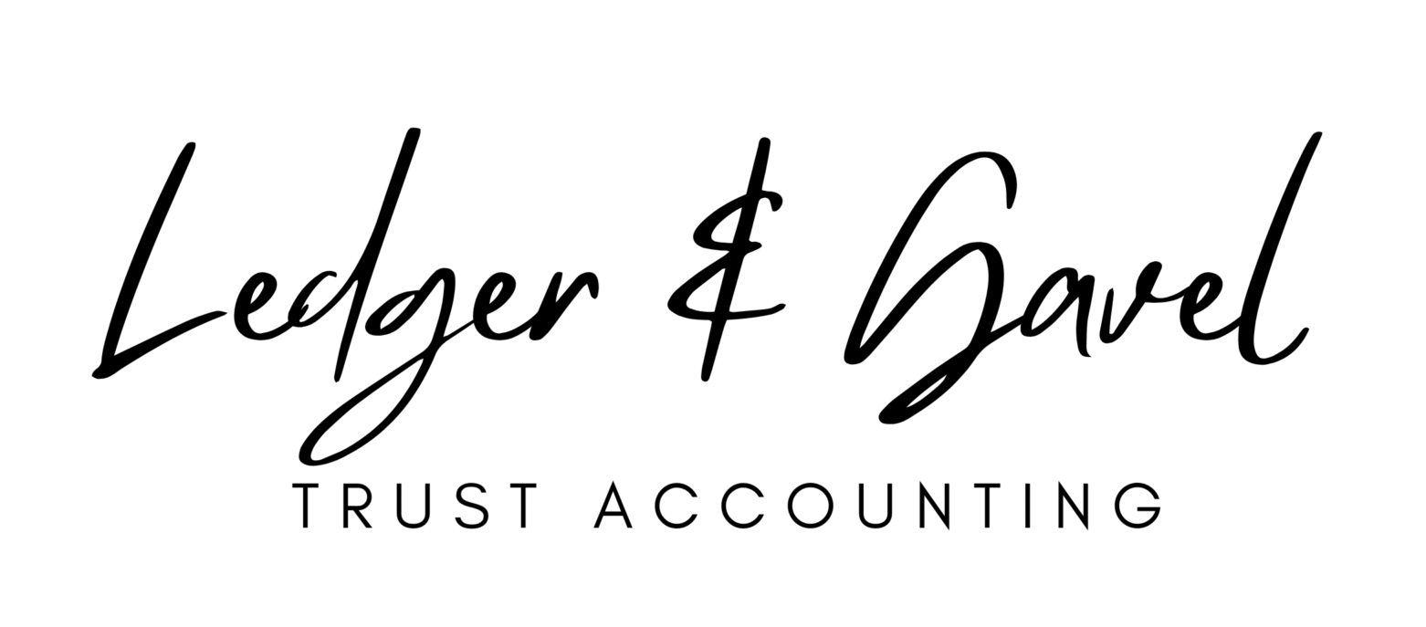 Ledger & Gavel Trust Accounting" written in elegant script and uppercase block letters on a white background.